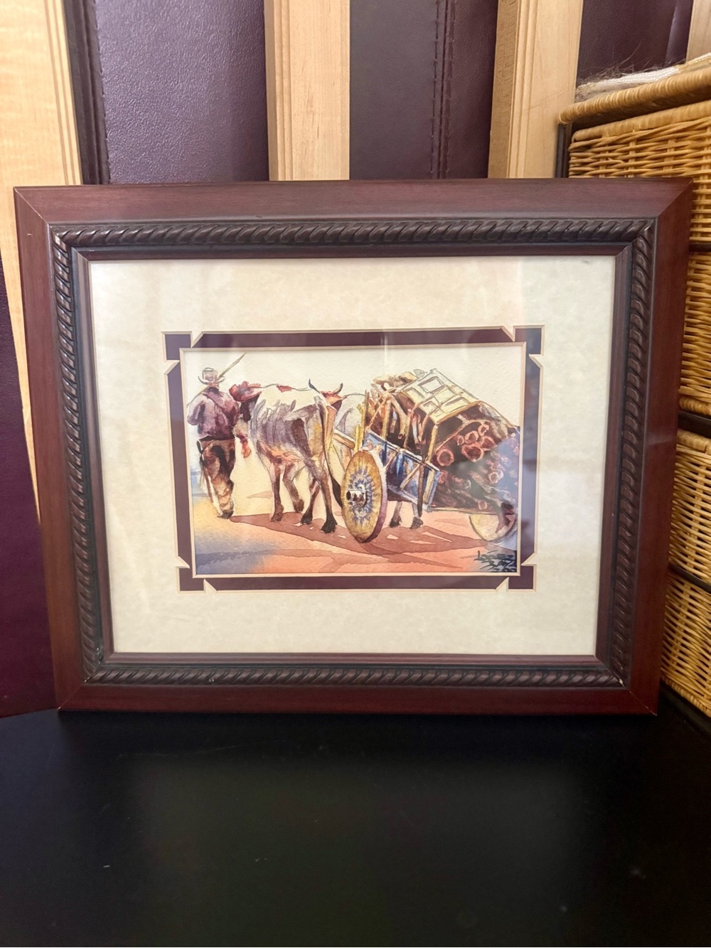 Vintage 1980 Framed Art by Lisandro Lopez Baylon – Gaucho with Oxen